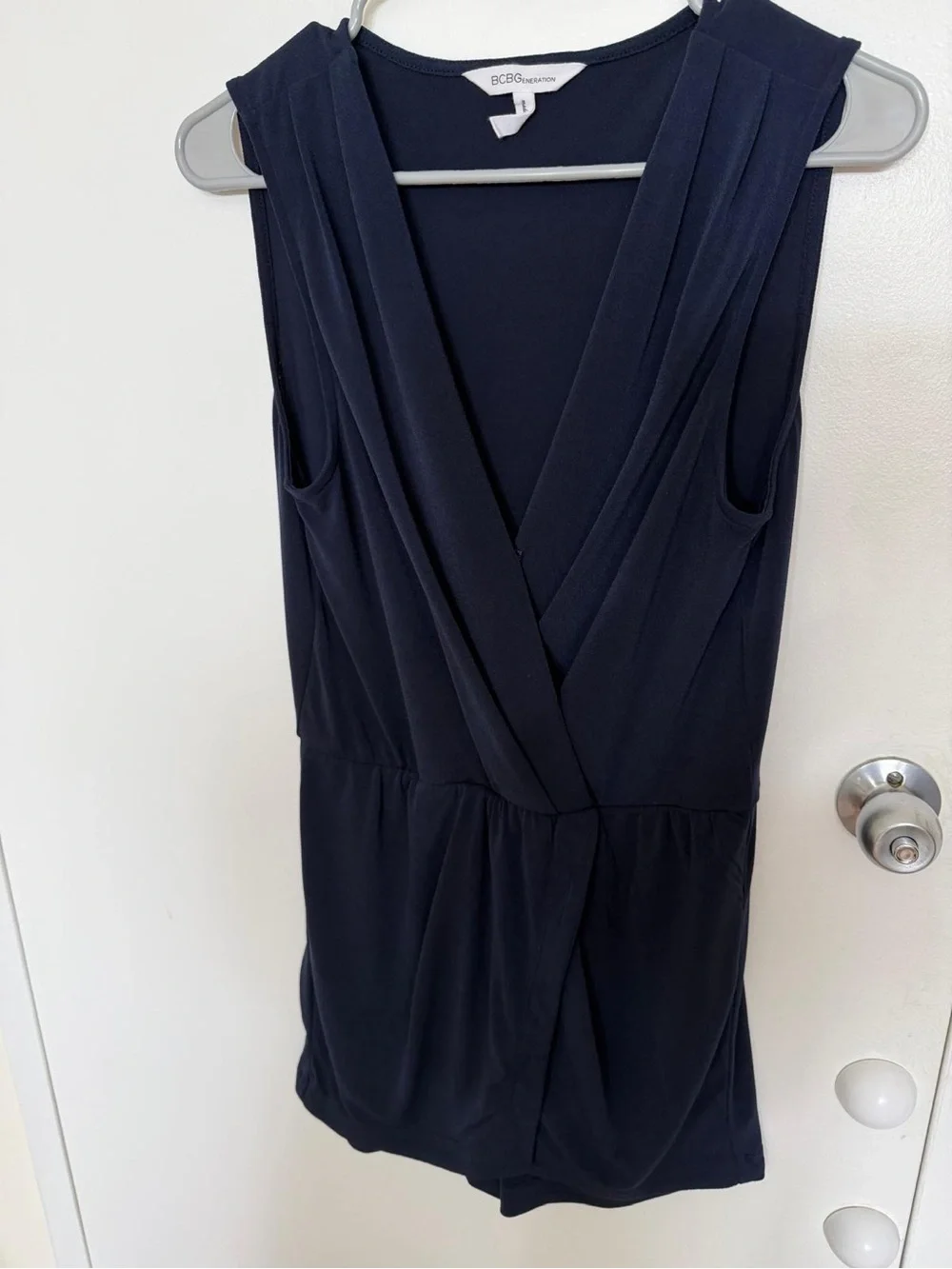 BCBGMaxAzria Navy Sleeveless Romper with Draped Front